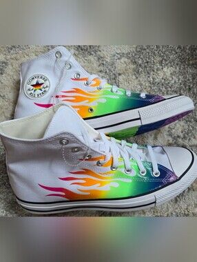 Converse Pride White High Top Sneakers with Rainbow Flame Design NWT M10.5/W12.5